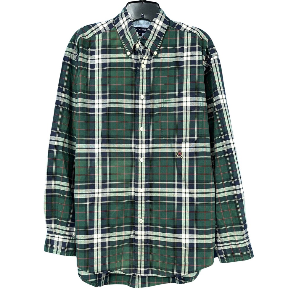 TOMMY HILFIGER Men's GREEN/MULTI Plaid TWILL 1-Pocket BUTTON-UP Shirt Sz M